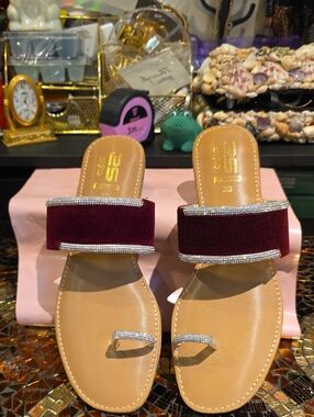 Burgundy Velvet Slide Sandals with Rhinestone Accents